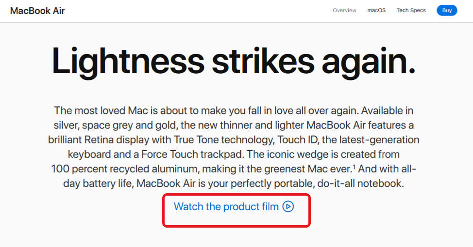 Screenshot of a product description with link to the product film highlighted
